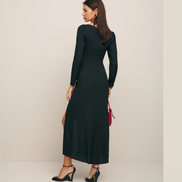 Reformation 0 NEW Kalani Midi Dress Black Long Sleeve Cut Out Neck Slit Cut - Picture 8 of 12